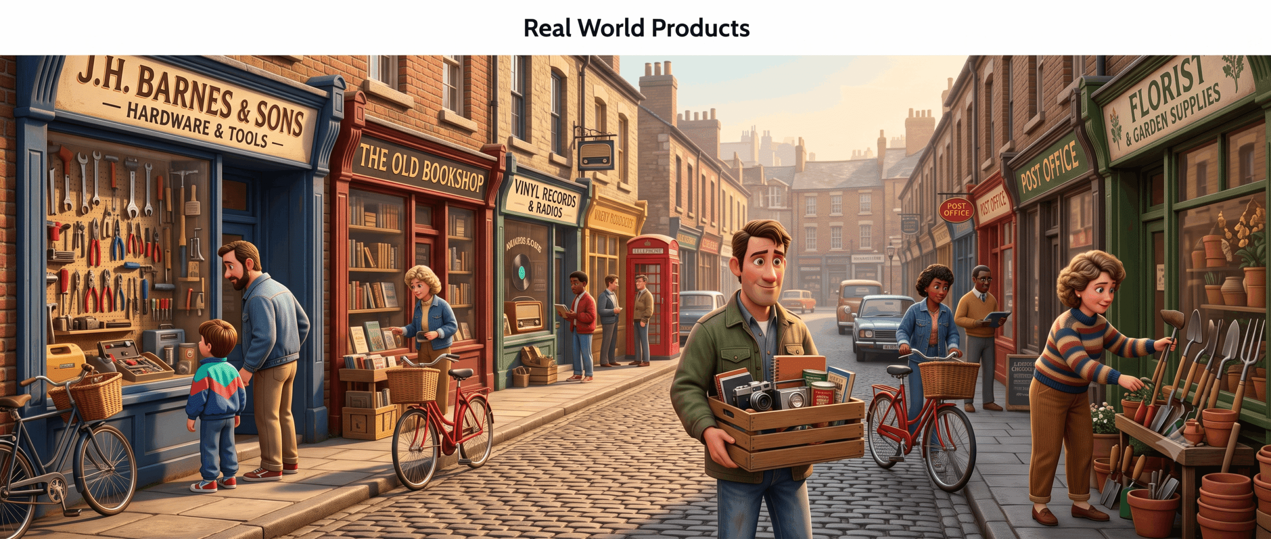 Pixar-style characters holding 80s/90s retro products and tools